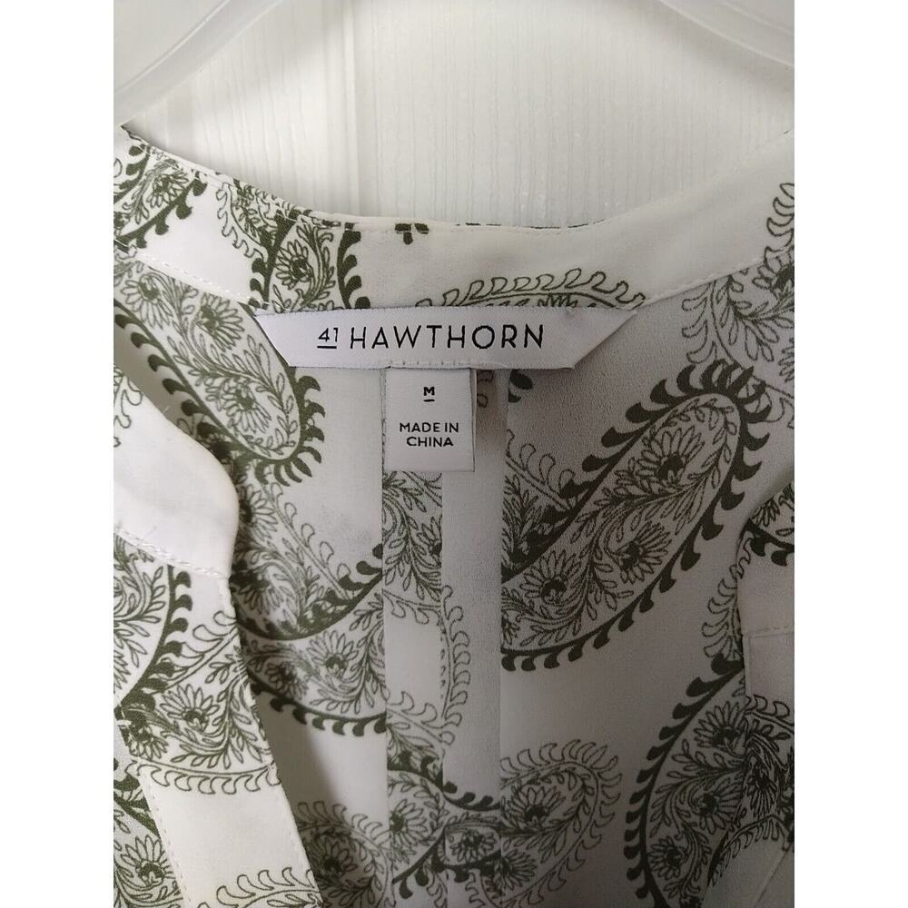 41Hawthorn Green White Paisley V Neck Belle Flare Tie Sleeves Sheer. Size M - Picture 3 of 11